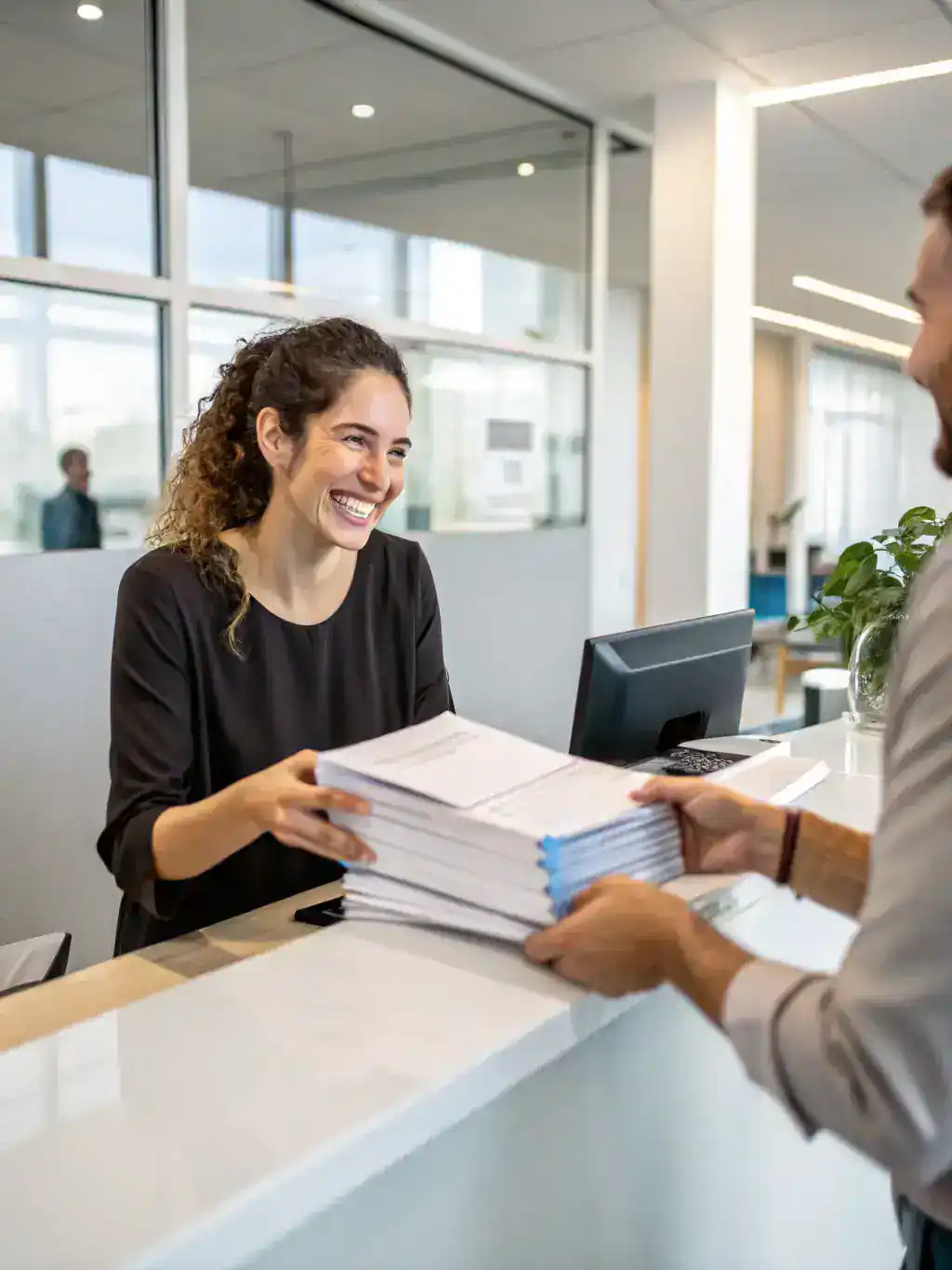 A person receiving mail at a virtual office address, showcasing mail handling services. The image should be bright and professional.