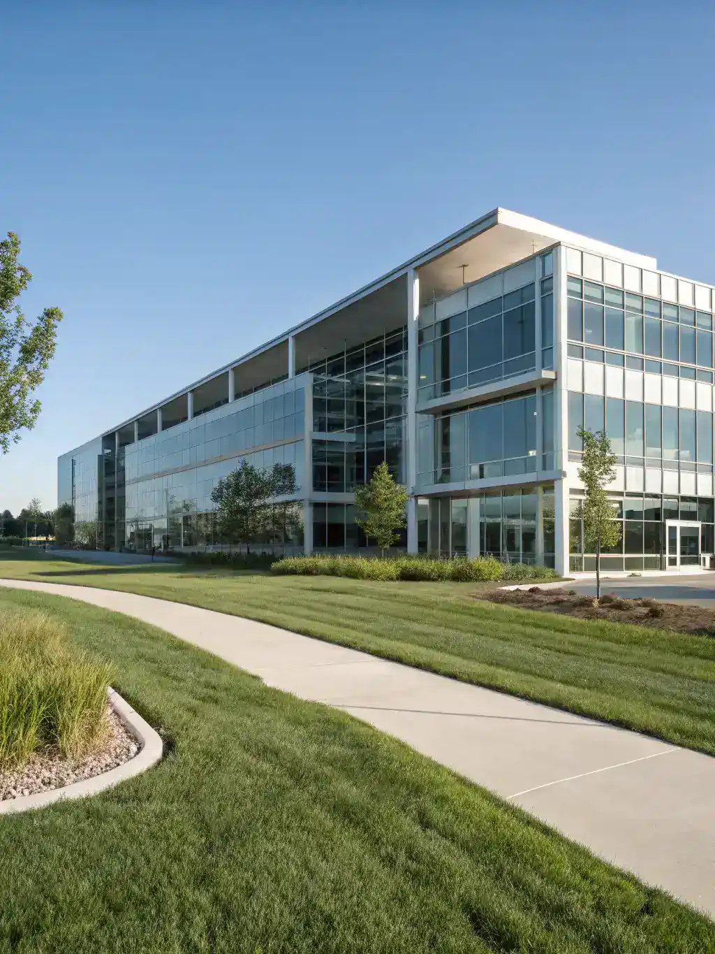 A modern office building exterior with a virtual office provider's logo subtly displayed. The image should convey professionalism and accessibility.
