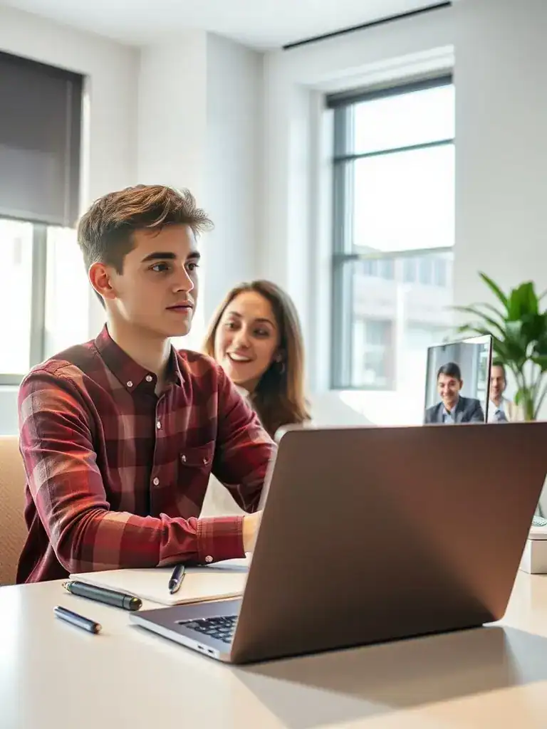 A professional using a virtual meeting room with high-quality video conferencing equipment. The setting should be modern and conducive to productivity.