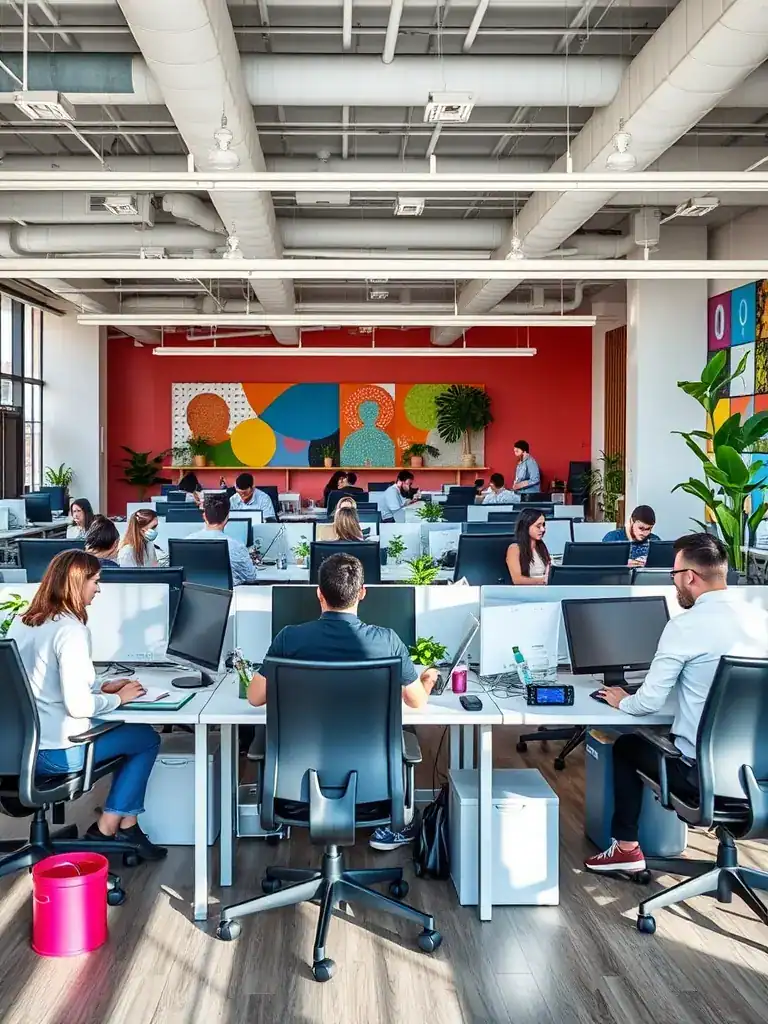 A vibrant image showcasing members of a coworking space collaborating on a project, with laptops and coffee cups on the table, reflecting a productive and social atmosphere.